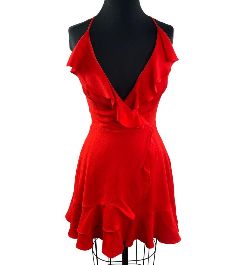 DO+BE Red Wrap Dress Deep V-Neck Ruffle Trim Casual Party/Cocktail Size Small S